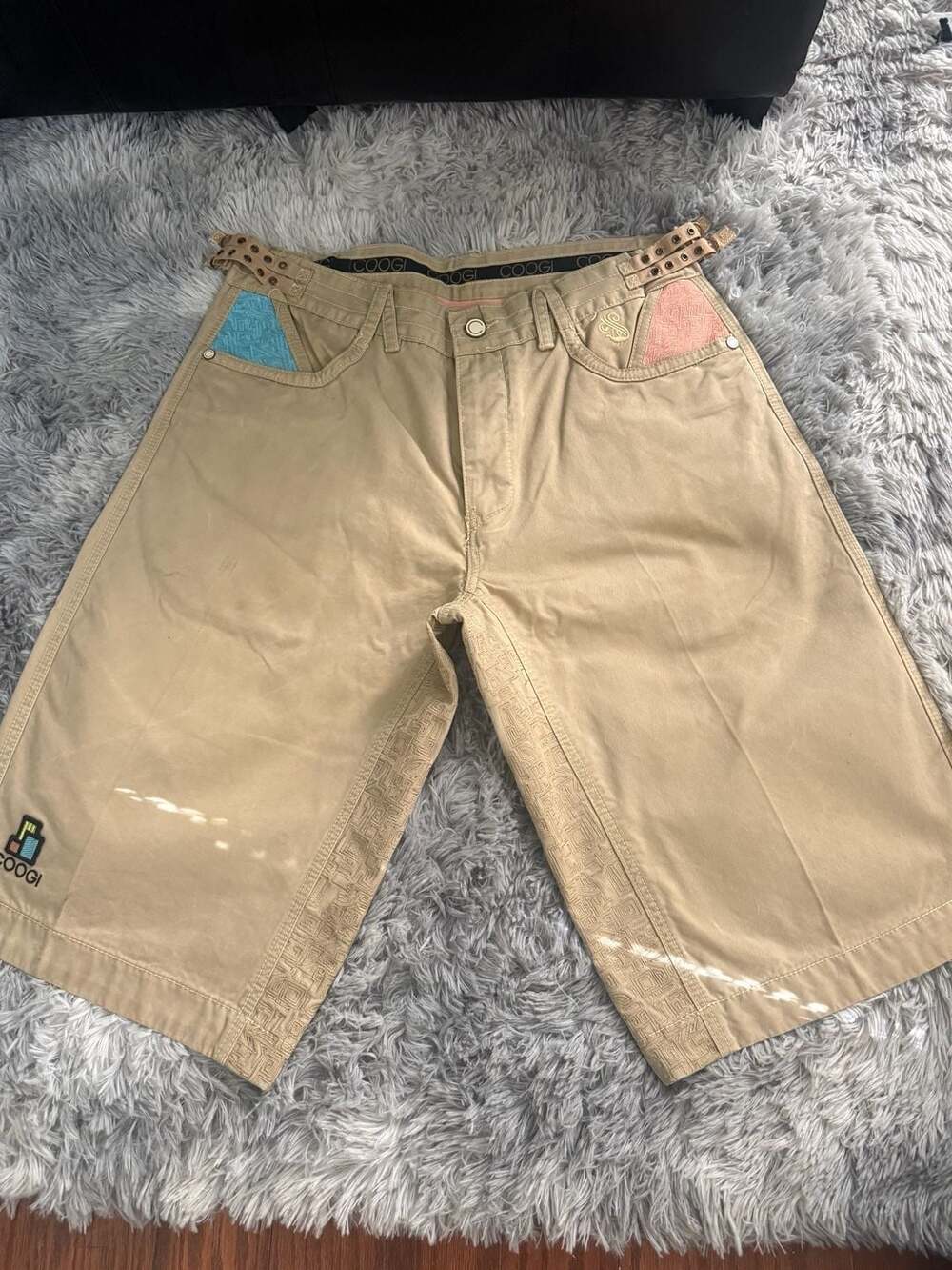 COOGI Vintage Y2K Khaki Cargo Jorts Shorts Patchwork Denim Tan Size 38